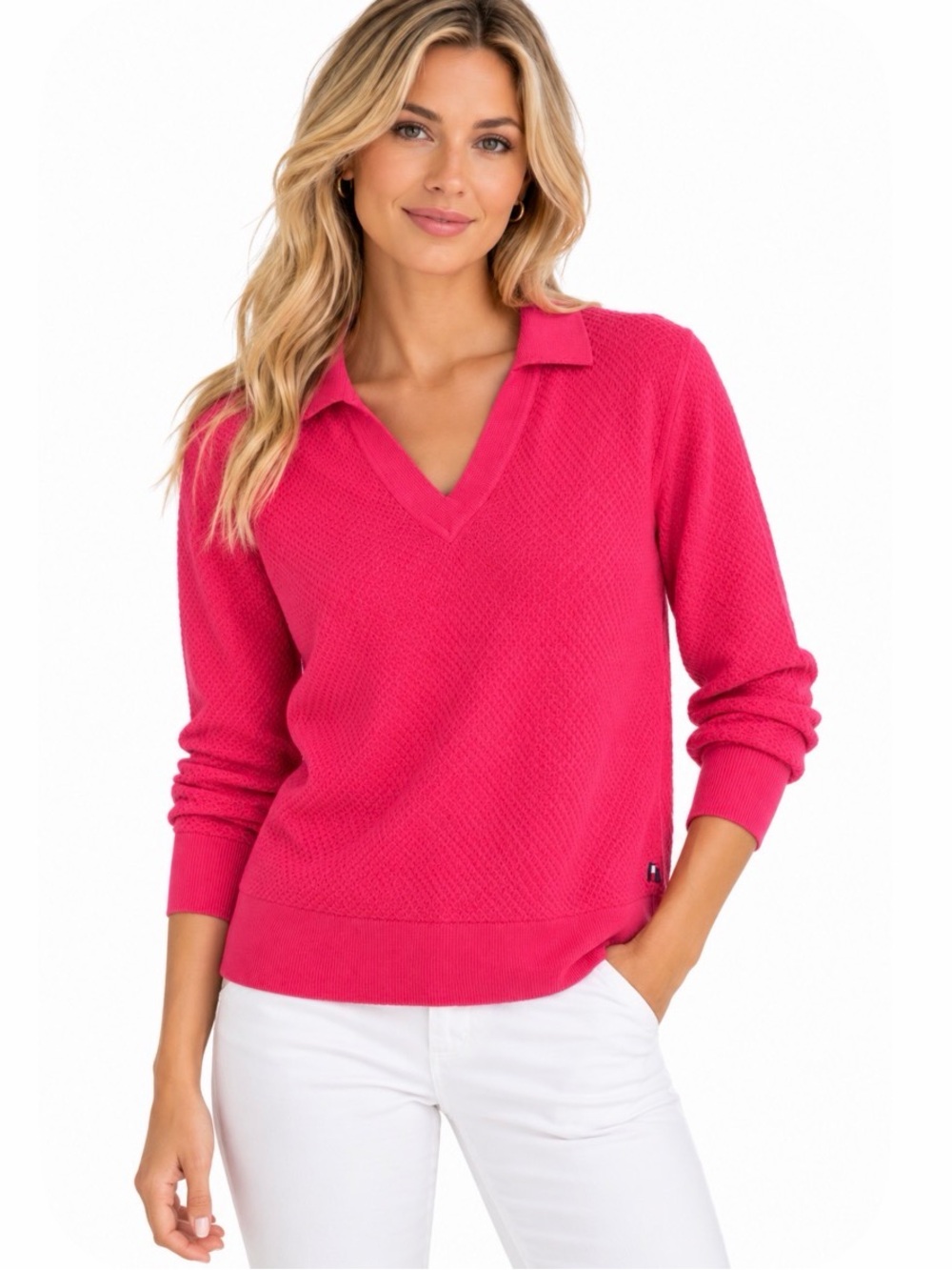 Tommy Hilfiger Pink Textured Cotton Polo V-Neck Sweater Medium
